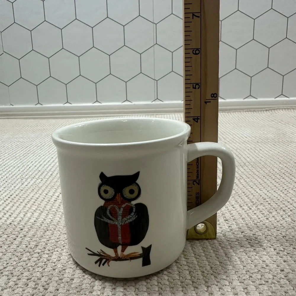 Pottery Barn Denise Fiedler Owl Coffee Mug White Ceramic Collage Art 4 Inch